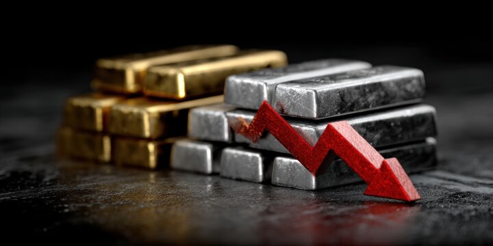 A visual representation of gold and silver bars with a downward trend arrow, symbolizing market fluctuations or economic decline.