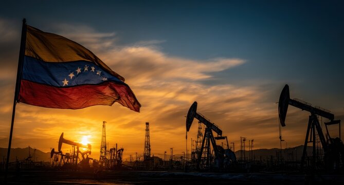 A striking sunset silhouette features the Venezuelan flag alongside oil pumps, symbolizing the nation's oil industry and natural resources.