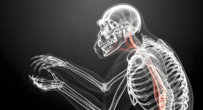 Detailed radiological view of a primate skeletal structure with glowing orange nerves along the spine