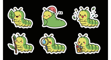Obraz premium Adorable kawaii caterpillar sticker set in versatile vector SVG format, perfect for charming designs and playful digital projects, featuring various cute bug illustrations ready for use