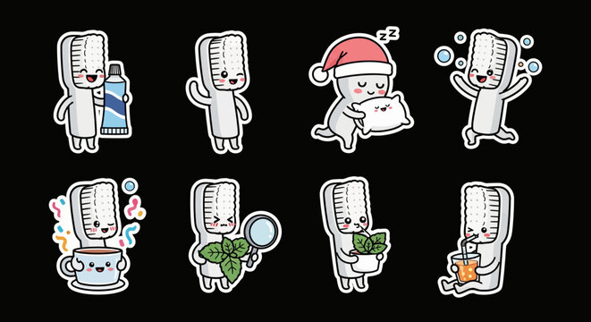 Kawaii toothbrush sticker set playful dental characters in diverse activities, crafted as vector art, available in SVG format for creative projects