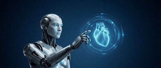 Obraz premium Medical robot interacting with digital heart hologram for AI healthcare and futuristic cardiology technology