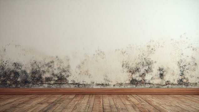 The image shows a wall with visible mold growth at the base, against a wooden floor, indicating potential dampness or water damage.