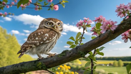 Owl. Colorful nature background. Little owl.bird, owl, animal, predator, little owl, eyes, portrait, white, bubo, feather, hunter, eagle, wildlife, hawk, young, wild, tree, bird of prey, falcon, rapto