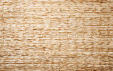 Obraz premium Close up macro texture of a natural woven straw mat featuring warm beige tones and horizontal organic patterns.