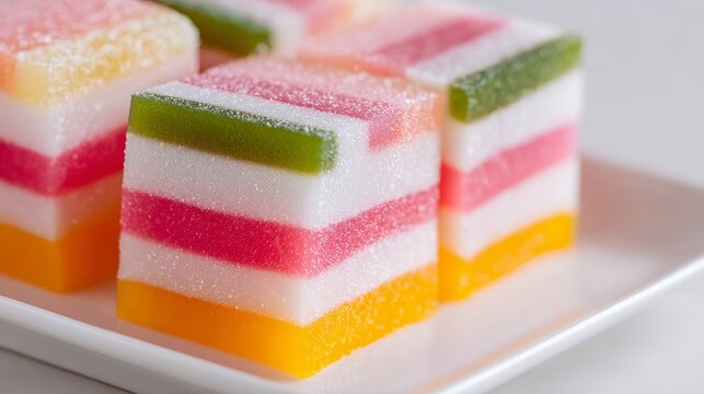 Colorful layered jelly dessert cubes dusted with sugar on a white plate