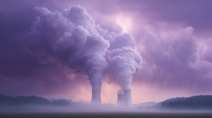 Fototapeta premium Majestic Power Plant Under Dramatic Purple Sky with Heavy Smoke Clouds Emitting from Cooling Towers at Dusk