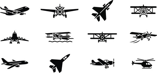 Fototapeta premium Various vector airplane and helicopter designs in black and white