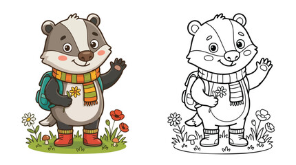 Fototapeta premium Badger Coloring Page with Backpack and Scarf in Grassy Field