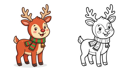 Fototapeta premium Christmas Reindeer with Scarf Coloring Book Page