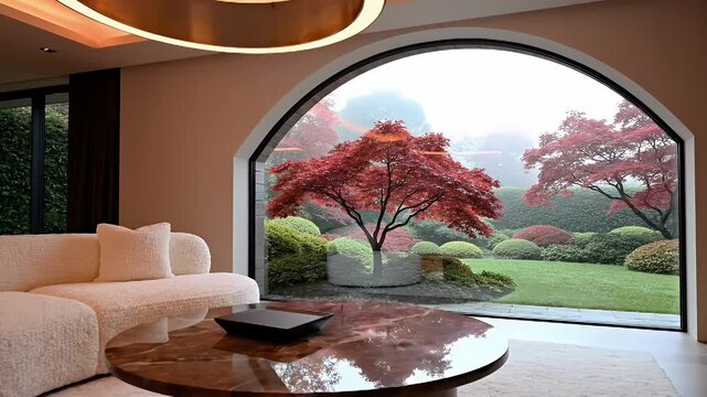 Luxurious Modern Living Room with Circular Pendant Lighting and Panoramic Garden View