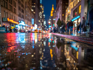 Fototapeta premium Vibrant city street at night with colorful neon lights reflecting on wet pavement after rain