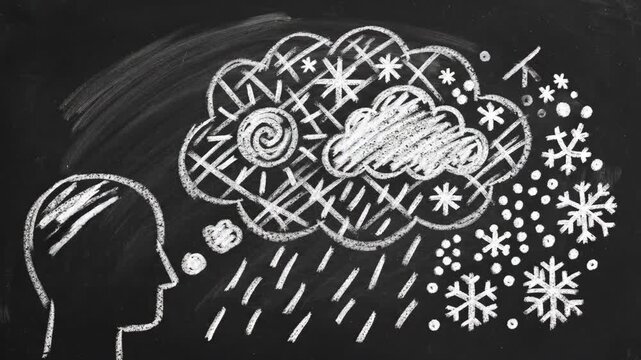 Chalk drawing of a head with a thought bubble showing weather patterns.