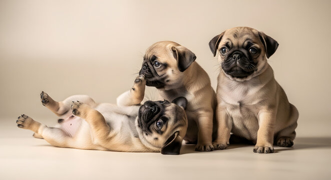 Three cute pug puppies playing and sitting on a plain background