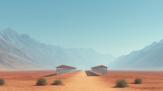 Serene Desert Landscape with Parallel Structures Under a Clear Sky and Majestic Mountains in the Background