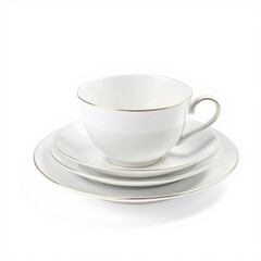 Fototapeta premium Elegant White Porcelain Tea Cup and Saucer Set with Golden Trim on White Background