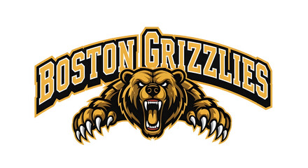 Obraz premium Mascot logo of a growling grizzly bear with powerful paws and text arched above it