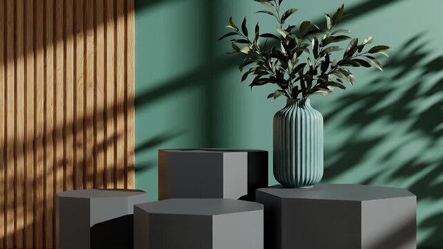 Minimalist Still Life Arrangement Featuring a Potted Olive-Green Foliage Plant on Geometric Gray Blocks Against a Teal Wall