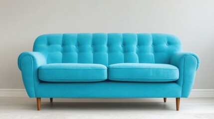 Fototapeta premium Vibrant Blue Sofa in Modern Living Room with Light Gray Wall and Bright Wooden Legs Enhancing Contemporary Interior Design