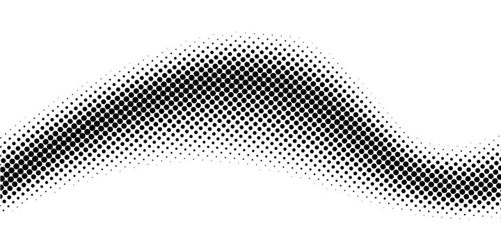 Black halftone dot wave pattern. Abstract grain fluid texture. Dotted curve wallpaper. Grit undulate swoosh overlay for poster, banner, brochure, flyer, leaflet, brochure. Vector rasterized background
