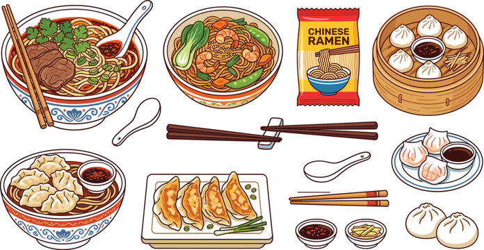 Chinese ramen and dumplings vector illustration set with noodle bowls, gyoza, bao buns, chopsticks and Asian cuisine food elements