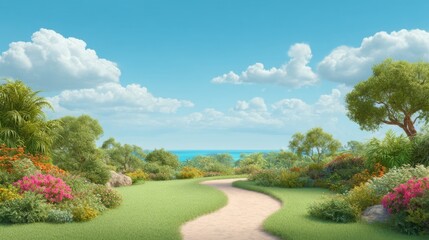 Fototapeta premium Serene Coastal Landscape with Lush Greenery, Colorful Flowers, and a Clear Blue Sky Overlooking Calm Ocean Waters