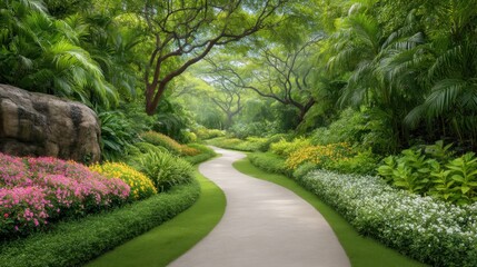 Fototapeta premium Lush Green Pathway Through Vibrant Garden Surrounded by Tropical Plants and Colorful Flowers in Soft Natural Light
