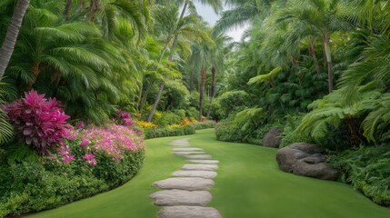 Fototapeta premium Lush Tropical Garden Pathway Surrounded by Vibrant Flora and Tranquil Greenery in a Serene Outdoor Setting