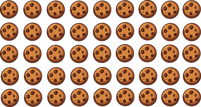 Chocolate chip cookie pattern vector illustration with repeating sweet biscuit snacks, bakery dessert cookies arranged in grid isolated background