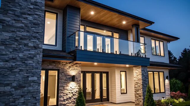 Modern luxury two-story house with stone fa?ade, illuminated entrance, and landscaped front yard at dusk