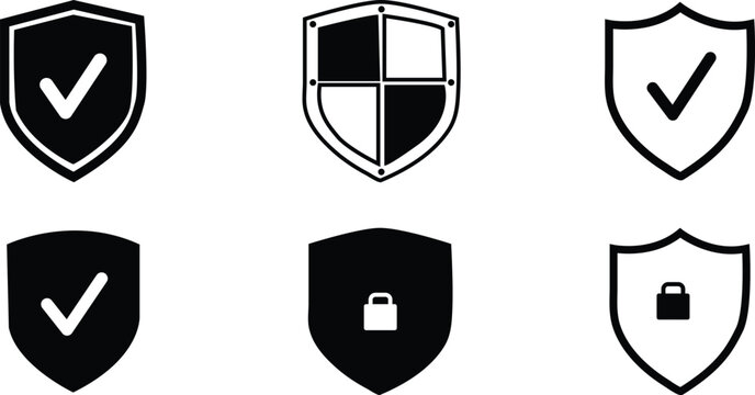 A set of six shield icons with check marks and locks