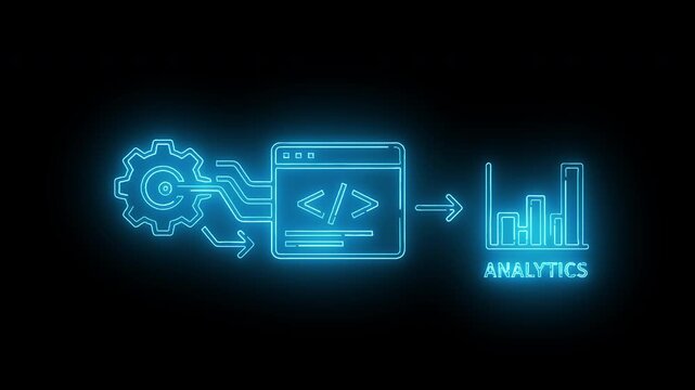Neon-lit illustration of a gear connecting to a coding screen which leads to a bar chart labeled analytics on a black background with blue glow.