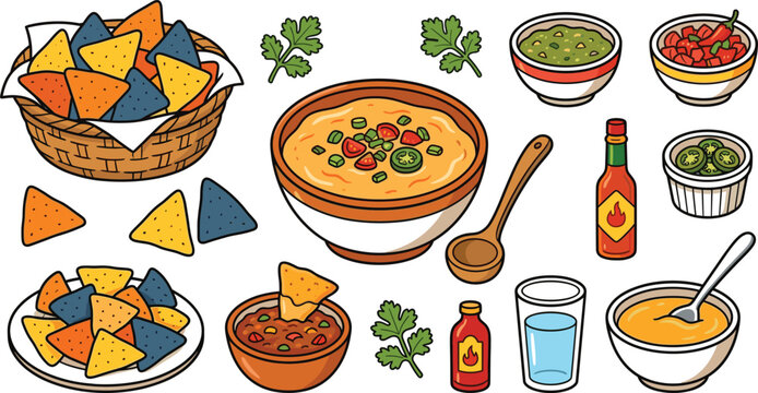 Nachos with cheese dip and salsa vector illustration set with tortilla chips, guacamole, hot sauce and Mexican snack food