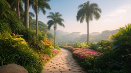 Obraz premium Serene Garden Pathway Surrounded by Lush Tropical Foliage and Vibrant Floral Blooms in a Tranquil Setting