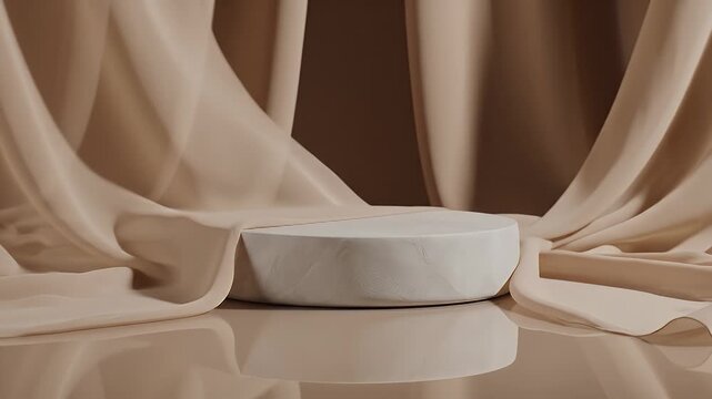 Neutral beige draped fabric backdrop with a single white circular pedestal on a glossy reflective surface