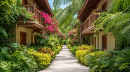 Fototapeta premium Lush Tropical Pathway Surrounded by Colorful Flowers and Greenery Near Elegant Vacation Rentals in a Paradise Setting