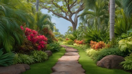 Fototapeta premium Serene Garden Pathway Surrounded by Lush Tropical Vegetation and Colorful Flowering Plants in Tranquil Landscape