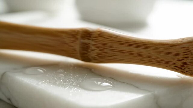 Close-up of bamboo toothbrush on soap.