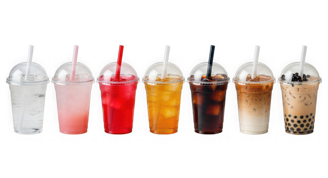 Assorted colorful drinks in clear plastic cups on a table isolated on transparent background