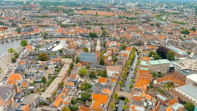 Haarlem, Netherlands. Bakenesserkerk - Church. Panoramic view of Haarlem city center. Cloudy weather during the day. Summer. Drone footage, Point of interest