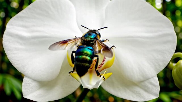 A metallic green sweat bee on a white flower.