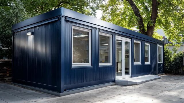 A modern modular building with a dark exterior, situated amongst lush greenery and trees, featuring windows and a door