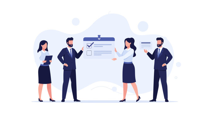 Business team planning and checking tasks on a whiteboard, teamwork and strategy concept.