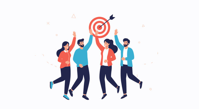 Teamwork success, people celebrating hitting target, business goal achievement, victory
