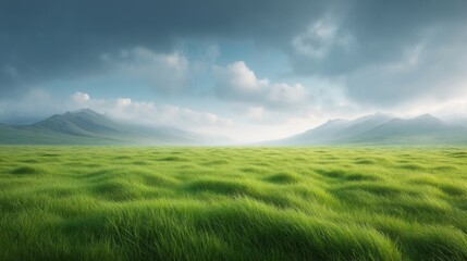 Fototapeta premium Lush Green Grasslands Under Dramatic Sky with Mountains in the Distance, Captivating Nature Landscape Scene