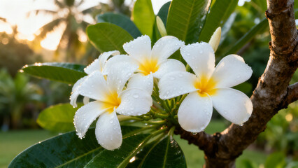 Obraz premium White Frangipani Flowers Blooming on Tropical Tree