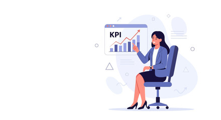 Obraz premium Businesswoman presenting KPI growth chart on screen, sitting in office chair