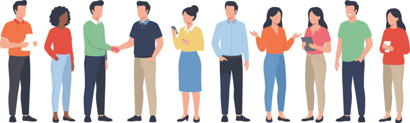 Fototapeta premium Diverse faceless people character set including handshake, business professional poses, and social interactions isolated flat vector illustration for teamwork and community.