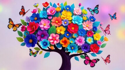 Fototapeta premium Vibrant tree of multicolored flowers with butterflies in a dreamlike scene.
