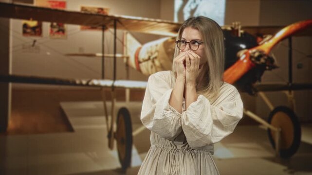 Blonde woman covers mouth with both hands while standing near a vintage biplane exhibit in a building hall, wearing round glasses and a light linen dress; surprise nostalgia.